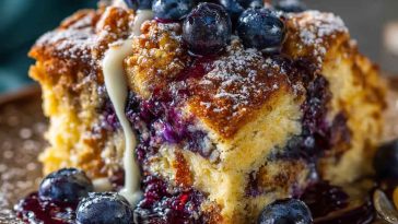 Blueberry French toast casserole baked golden with fresh blueberries and syrup drizzle