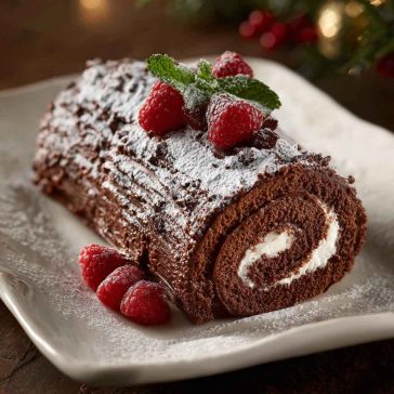 Traditional chocolate Yule log cake dusted with powdered sugar and decorated with holly leaves.