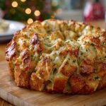 "Golden cheesy pull apart Christmas bread shaped festively, topped with melted cheese and herbs."