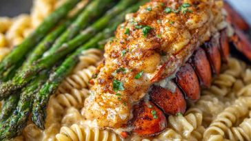 Succulent Cajun butter lobster tail served over creamy garlic pasta with roasted asparagus, garnished with fresh herbs.