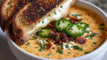 Bowl of spicy jalapeño popper soup with grilled cheese dippers on the side