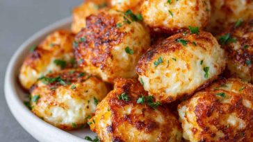 Two ingredient cottage cheese tots baked golden brown, crispy on the outside and soft inside, served as a healthy snack.