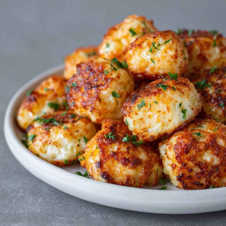 Two ingredient cottage cheese tots baked golden brown, crispy on the outside and soft inside, served as a healthy snack.