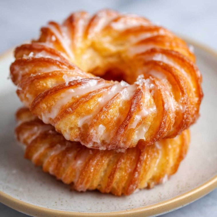Golden oven-baked French cruller donuts with a light, airy texture, drizzled with sweet glaze and served on a tray.