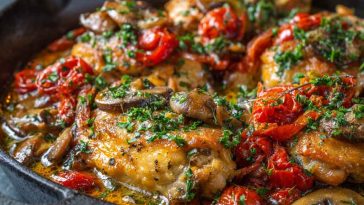 Chicken Scarpariello with golden-brown chicken, Italian sausage, peppers, and herbs simmered in a tangy sauce.