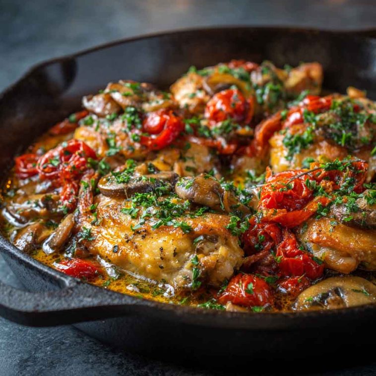 Chicken Scarpariello with golden-brown chicken, Italian sausage, peppers, and herbs simmered in a tangy sauce.