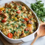 "A baked healthy salsa verde chicken casserole topped with melted cheese, fresh cilantro, and lime wedges."