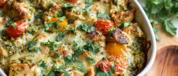 "A baked healthy salsa verde chicken casserole topped with melted cheese, fresh cilantro, and lime wedges."