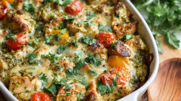 "A baked healthy salsa verde chicken casserole topped with melted cheese, fresh cilantro, and lime wedges."