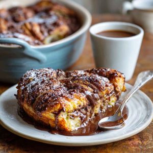 Chocolate croissant breakfast bake made with flaky croissants layered with rich chocolate and custard, baked golden brown in a casserole dish.