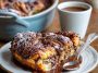Chocolate croissant breakfast bake made with flaky croissants layered with rich chocolate and custard, baked golden brown in a casserole dish.