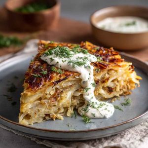 Crispy cabbage pie baked golden brown, layered with tender cabbage, herbs, and served with creamy dill sauce.
