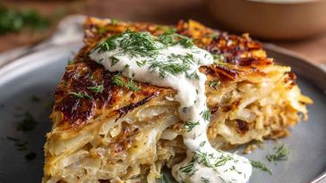 Crispy cabbage pie baked golden brown, layered with tender cabbage, herbs, and served with creamy dill sauce.