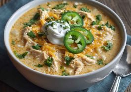 Creamy white cheddar apple chicken chili served in a rustic bowl, topped with shredded cheese and fresh herbs.