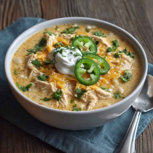 Creamy white cheddar apple chicken chili served in a rustic bowl, topped with shredded cheese and fresh herbs.
