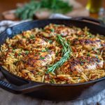 One pan Marry Me chicken orzo with tender chicken, creamy sauce, sun-dried tomatoes, and fresh herbs served in a skillet.