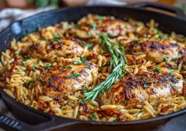 One pan Marry Me chicken orzo with tender chicken, creamy sauce, sun-dried tomatoes, and fresh herbs served in a skillet.