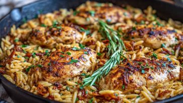 One pan Marry Me chicken orzo with tender chicken, creamy sauce, sun-dried tomatoes, and fresh herbs served in a skillet.