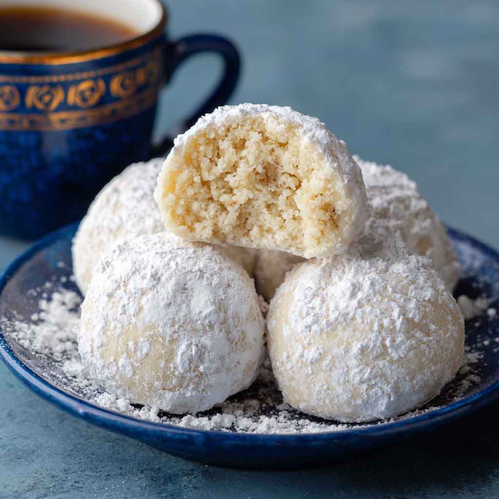 Sweetened condensed milk snowball cookies dusted with powdered sugar, stacked on a festive holiday plate.
