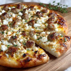 Hot sausage feta honey pizza topped with spicy sausage, creamy feta, and a drizzle of golden honey on a crispy crust.