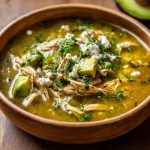 Bowl of creamy chicken poblano soup with tender chicken, roasted poblano peppers, corn, and fresh cilantro garnish.