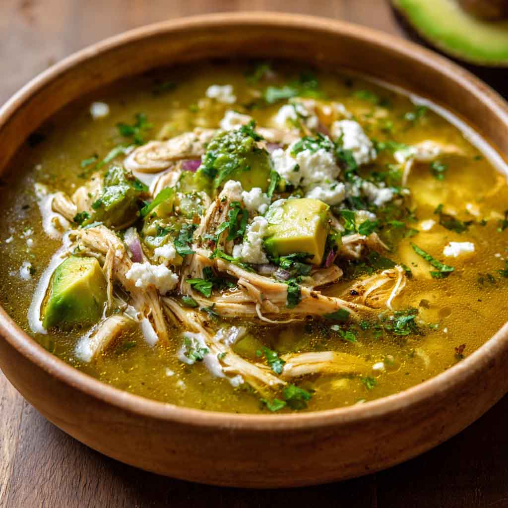 Bowl of creamy chicken poblano soup with tender chicken, roasted poblano peppers, corn, and fresh cilantro garnish.