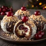 Festive Christmas cherry bombs made with maraschino cherries dipped in chocolate and coated with holiday sprinkles.