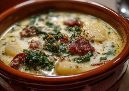 Zuppa Toscano soup with Italian sausage, kale, potatoes, and creamy broth served in a rustic bowl.