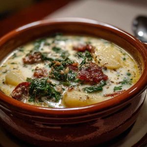 Zuppa Toscano soup with Italian sausage, kale, potatoes, and creamy broth served in a rustic bowl.