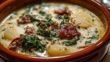 Zuppa Toscano soup with Italian sausage, kale, potatoes, and creamy broth served in a rustic bowl.