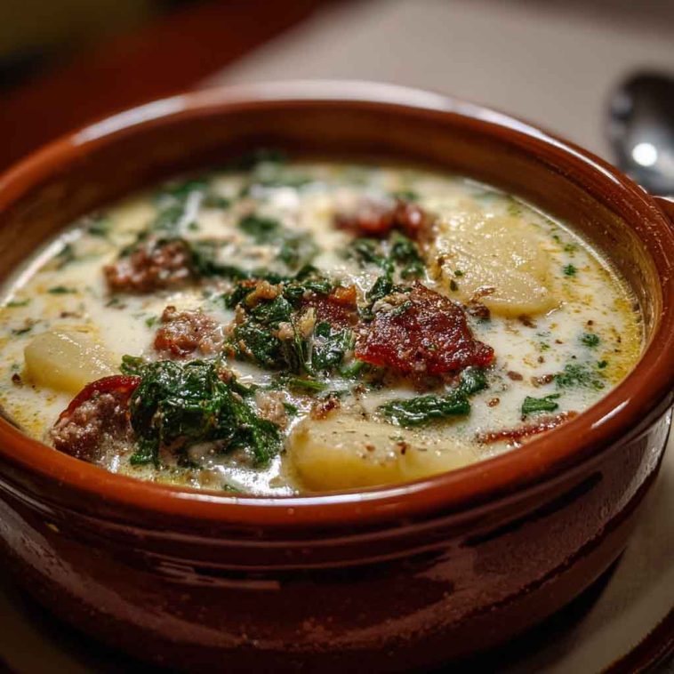 Zuppa Toscano soup with Italian sausage, kale, potatoes, and creamy broth served in a rustic bowl.