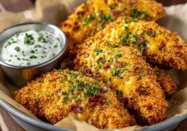 Golden baked crack chicken tenders coated in ranch seasoning, cheddar cheese, and crispy bacon bits, served with dipping sauce.