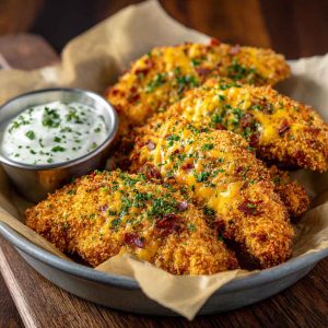 Golden baked crack chicken tenders coated in ranch seasoning, cheddar cheese, and crispy bacon bits, served with dipping sauce.