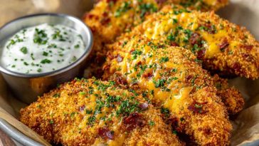Golden baked crack chicken tenders coated in ranch seasoning, cheddar cheese, and crispy bacon bits, served with dipping sauce.