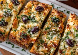 Easy olive cheese bread appetizer topped with melted cheese, sliced olives, and herbs on a golden baguette.