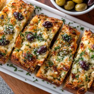 Easy olive cheese bread appetizer topped with melted cheese, sliced olives, and herbs on a golden baguette.