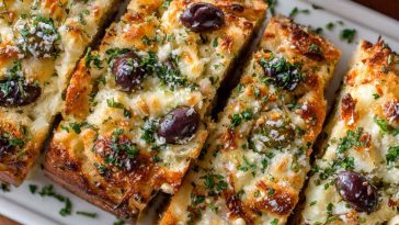 Easy olive cheese bread appetizer topped with melted cheese, sliced olives, and herbs on a golden baguette.