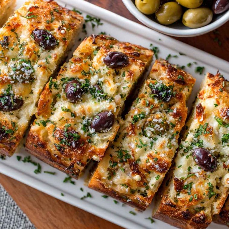 Easy olive cheese bread appetizer topped with melted cheese, sliced olives, and herbs on a golden baguette.