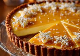 Eggnog crème tart topped with golden caramel shards, creamy custard filling, and a buttery tart crust served on a holiday table.