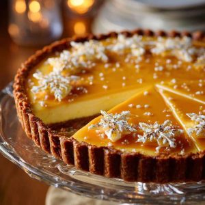 Eggnog crème tart topped with golden caramel shards, creamy custard filling, and a buttery tart crust served on a holiday table.