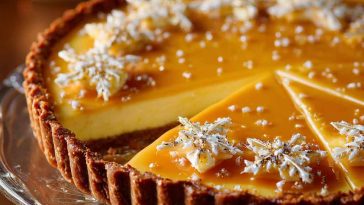 Eggnog crème tart topped with golden caramel shards, creamy custard filling, and a buttery tart crust served on a holiday table.