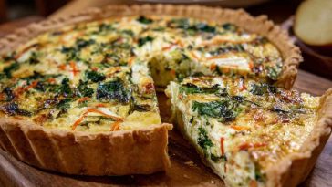 Winter vegetable quiche baked golden brown with seasonal root vegetables, creamy ricotta, and fresh herbs in a flaky crust.