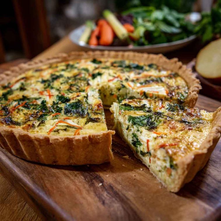 Winter vegetable quiche baked golden brown with seasonal root vegetables, creamy ricotta, and fresh herbs in a flaky crust.