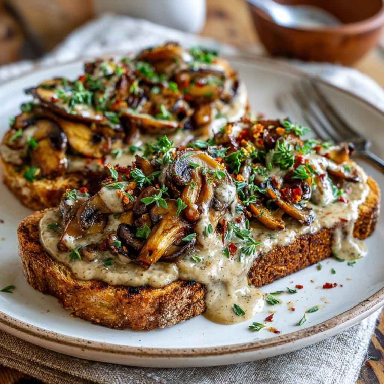 Creamy mushroom on toast with garlic, herbs, and a golden crusty bread slice, garnished with fresh parsley.