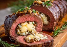 Quick Christmas stuffed beef tenderloin filled with savory herbs, garlic, and cheese, sliced and served on a festive holiday platter.
