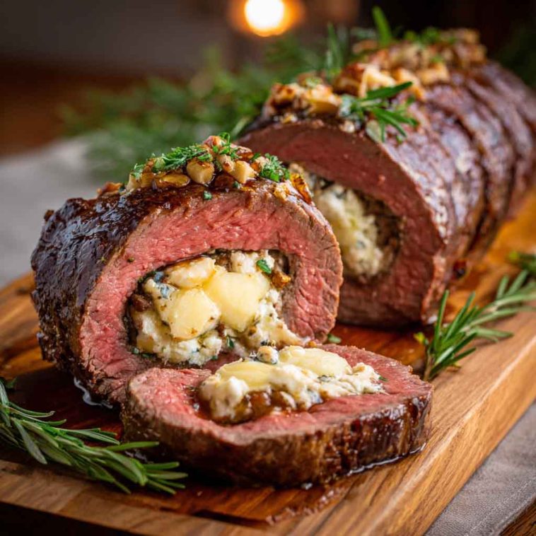 Quick Christmas stuffed beef tenderloin filled with savory herbs, garlic, and cheese, sliced and served on a festive holiday platter.