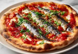 Sardine margherita pizza topped with mozzarella, basil, and fresh sardines