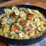 Bowtie pasta with garlic butter chicken coated in mozzarella cream sauce