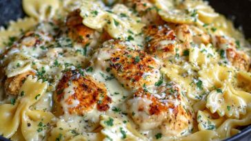 Bowtie pasta with garlic butter chicken coated in mozzarella cream sauce
