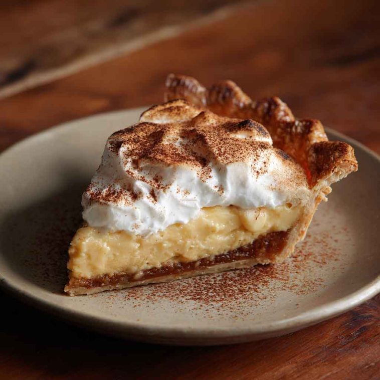 “A golden-brown cinnamon-vanilla custard pie topped with a dusting of cinnamon and served on a festive table.”